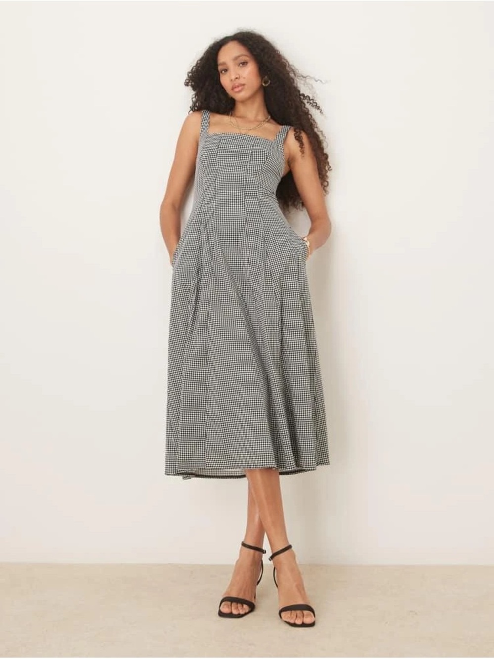 Black and White Gingham Square-Neck Midi Dress